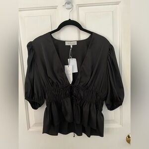 Wayf Black Tie Front Satin Peplum Top
